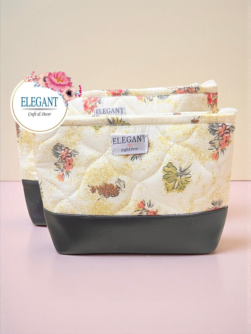 Elegant floral quilted pouch with a premium leatherite base, set of 2