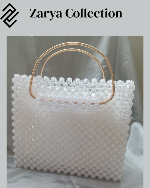 White Beaded Bag with golden handle and chain