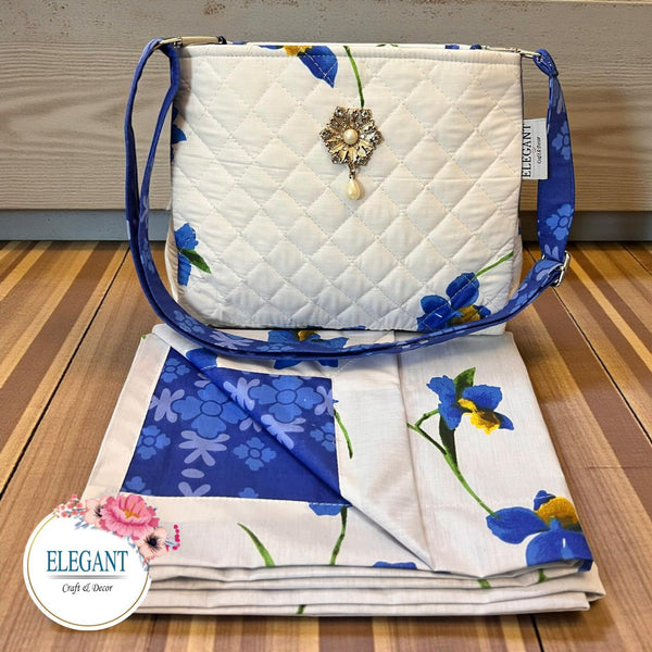 Floral print and raw silk bag paired with a non-quilted masalla