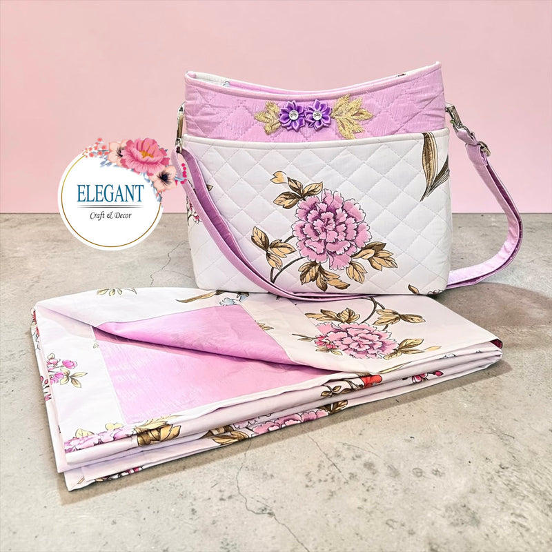 Floral print and raw silk bag paired with a non-quilted masalla