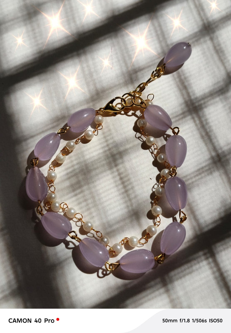 Lavender Pearl Double Strand Bracelet – Gold Tone