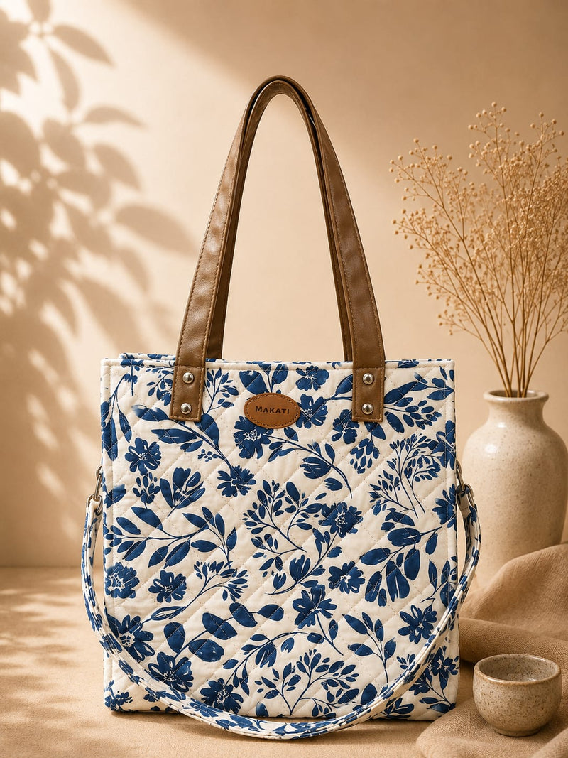 🌊 Quilted Indigo Blossom Tote Bag