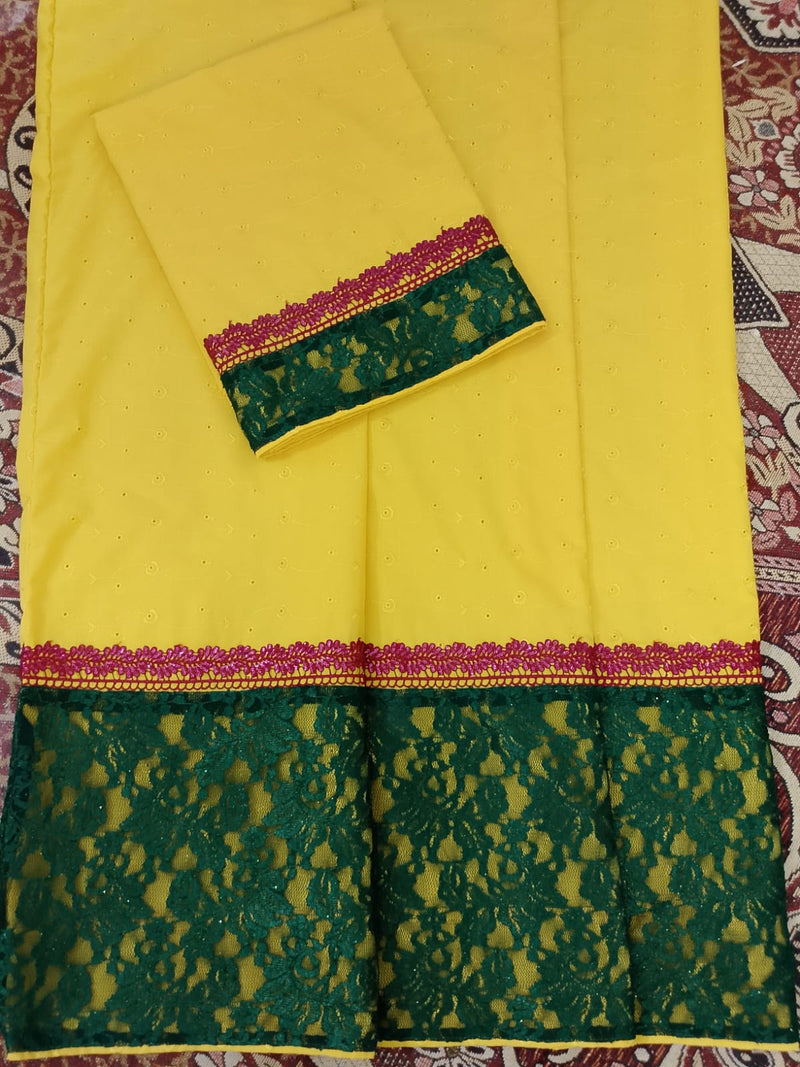 Yellow Chicken Rida Material With Elegant Dark Green Net & Maroon Sequence Lace