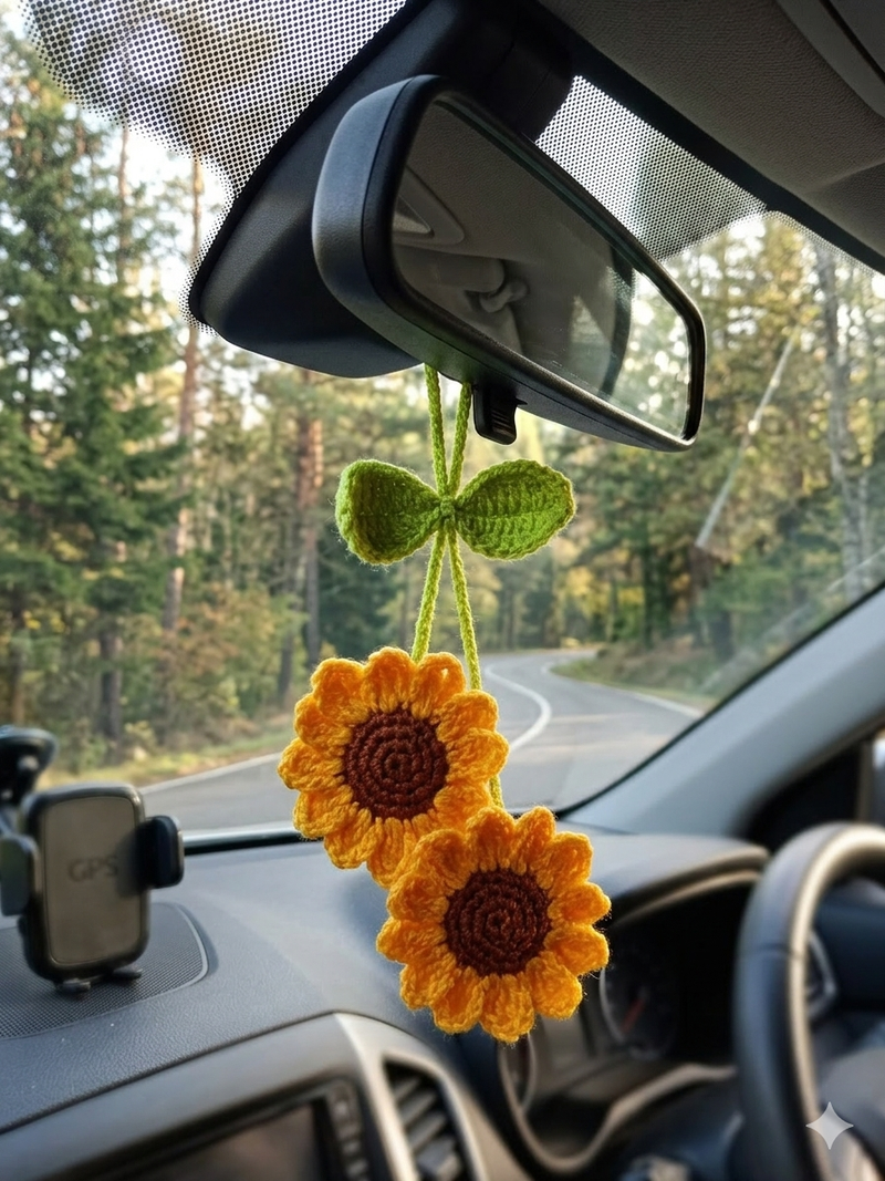 Crochet sunflower car hanging