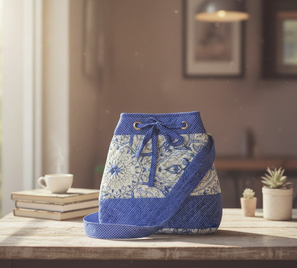 Handcrafted Blue Printed Drawstring Bag