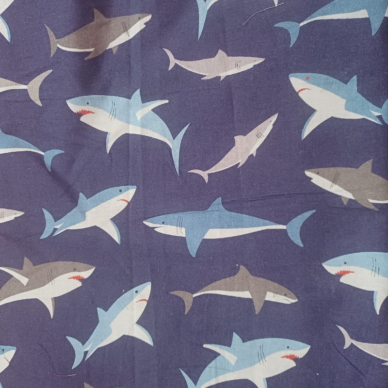 Shark printed material in navy blue 1 metre