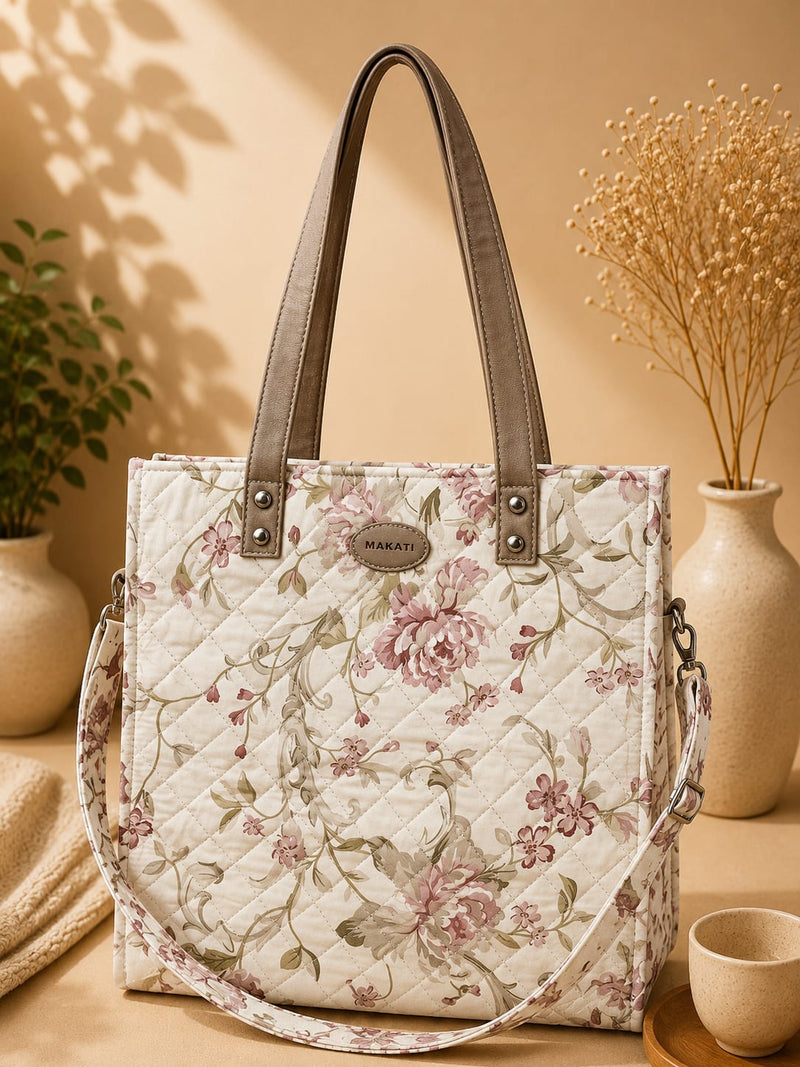 🌷 Blush Bloom Quilted Tote Bag with Leather Handles & Shoulder Strap