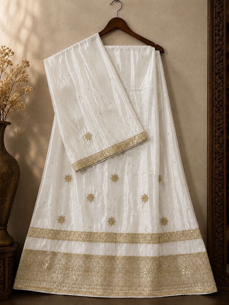 White/Gold Lava Silk Hand Embroidered Rida Sale