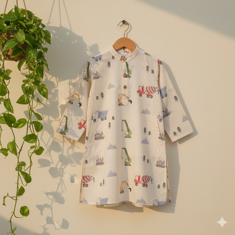 Cream base contruction theme kurta size 20