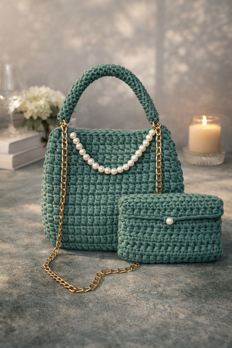 Green handbag with wallet