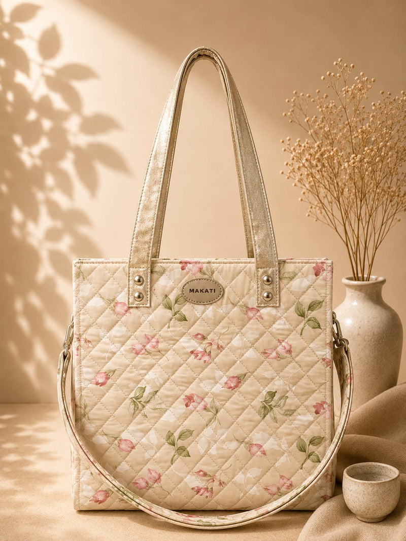 🌹 Quilted Pink Rose Print Tote Bag
