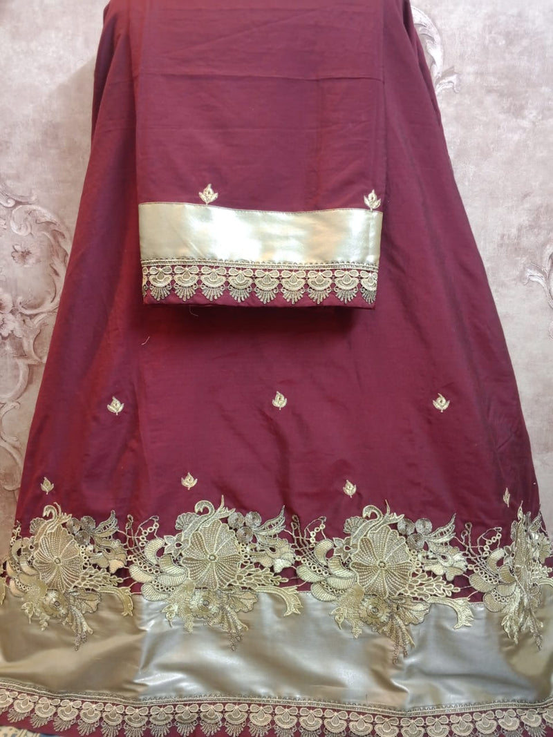 Maroon Raw Silk Material With Elegant Golden Lacing