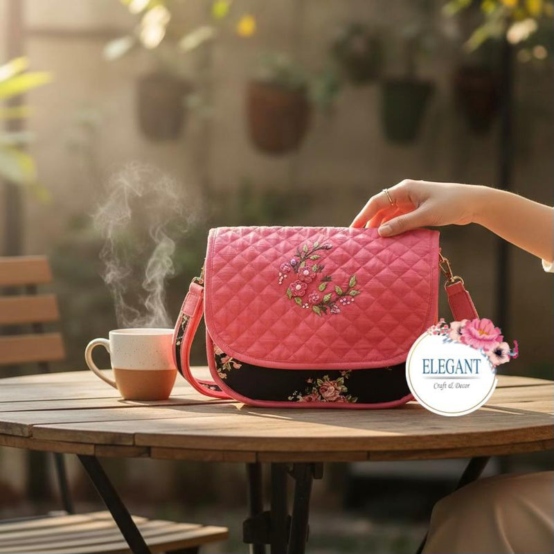 Hand embroided rawsilk with floral print bag