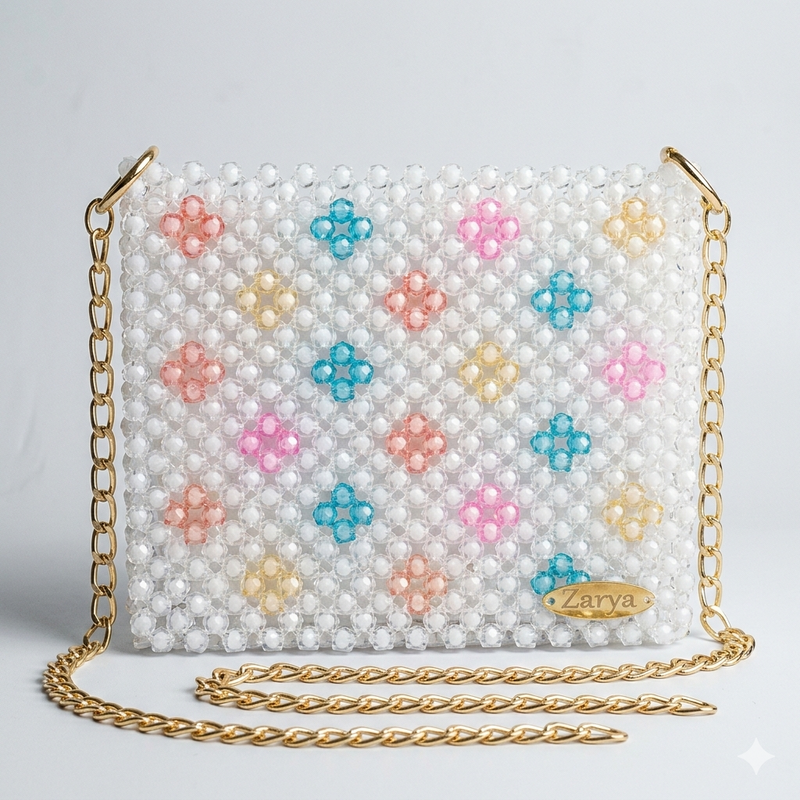White multi colored beaded bag