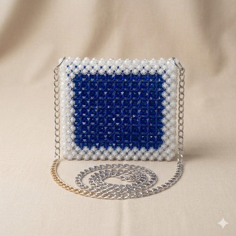 Blue and white beaded bag
