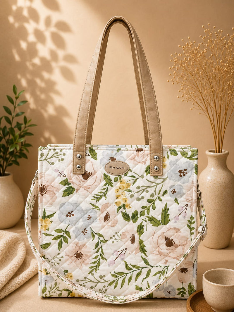 🌸 Floral Quilted Ladies Tote Bag with Leather Handles