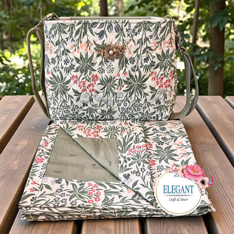 Floral print and raw silk bag paired with a non-quilted masalla