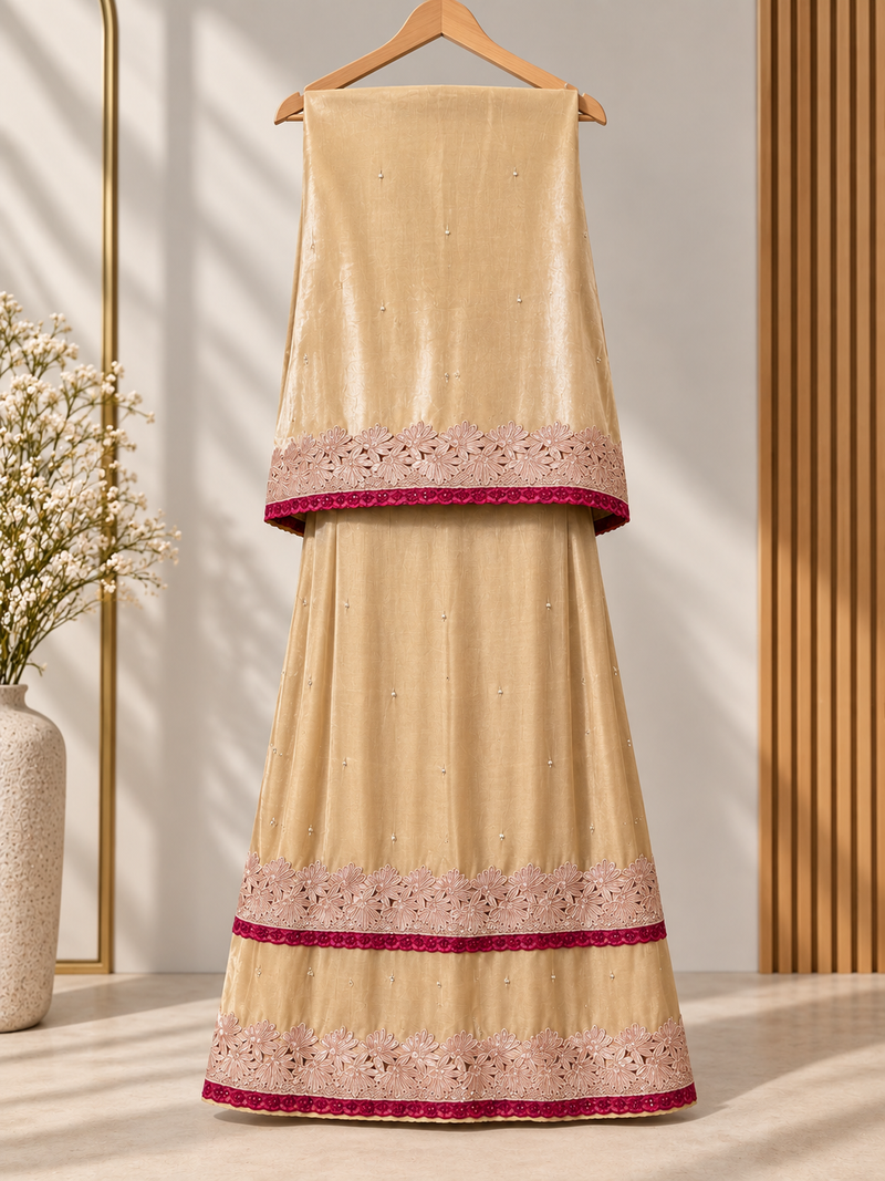 Golden with Mehroon and champagne combination handwork Rida
