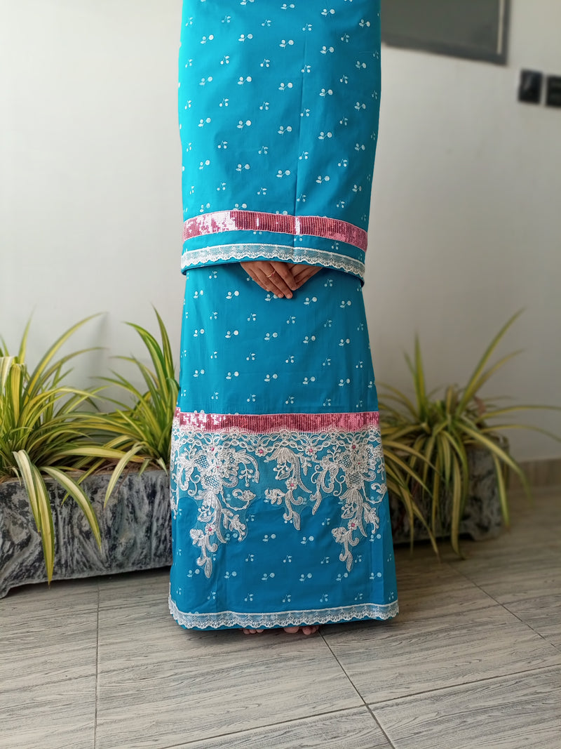 DEEP SKY BLUE HEAVY EMBROIDERY LACE