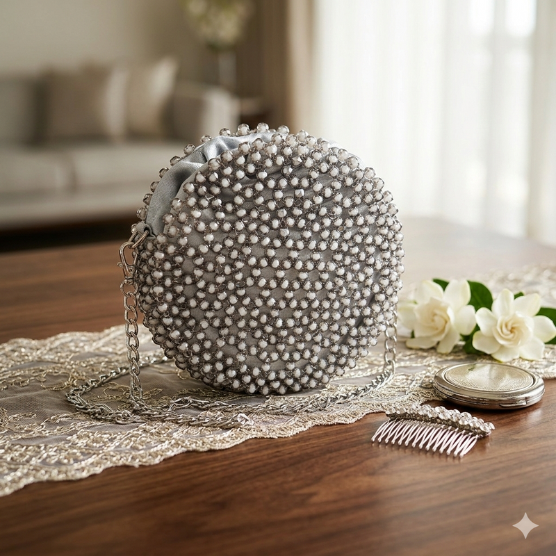 Round grey beaded bag