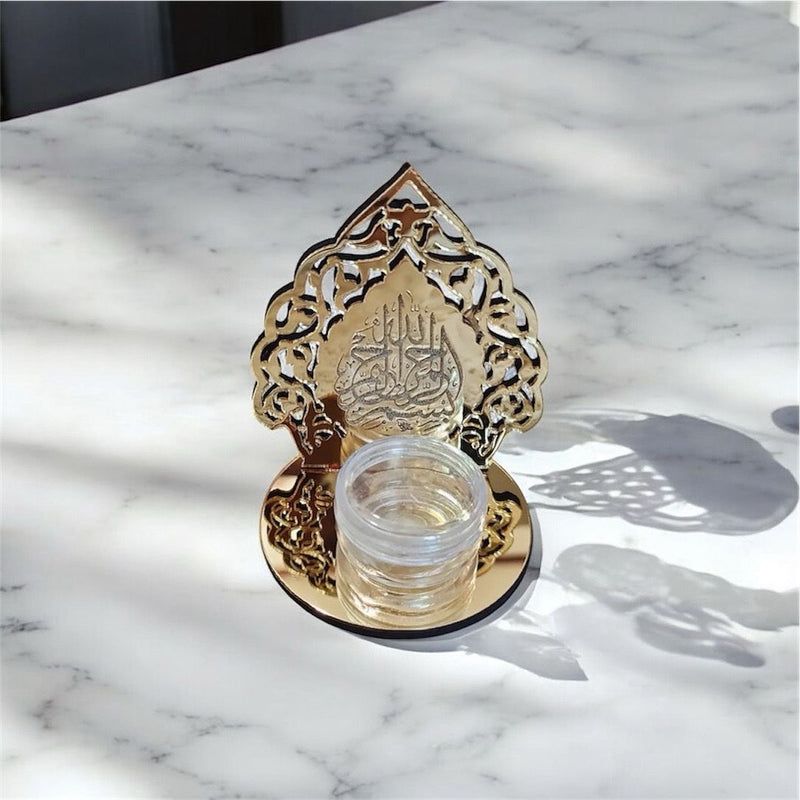 Namakdani: gold acrylic namakdani with Mdf base and bismillah engraved