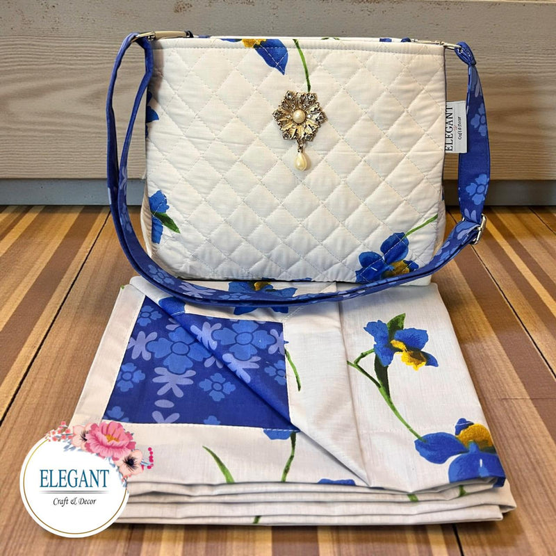 Floral print and raw silk bag paired with a non-quilted masalla