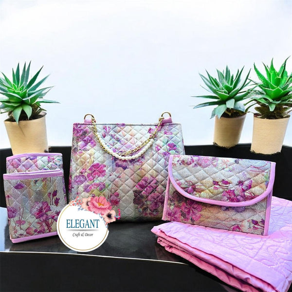 Floral print shimmery rawsilk quilted masallah bag set