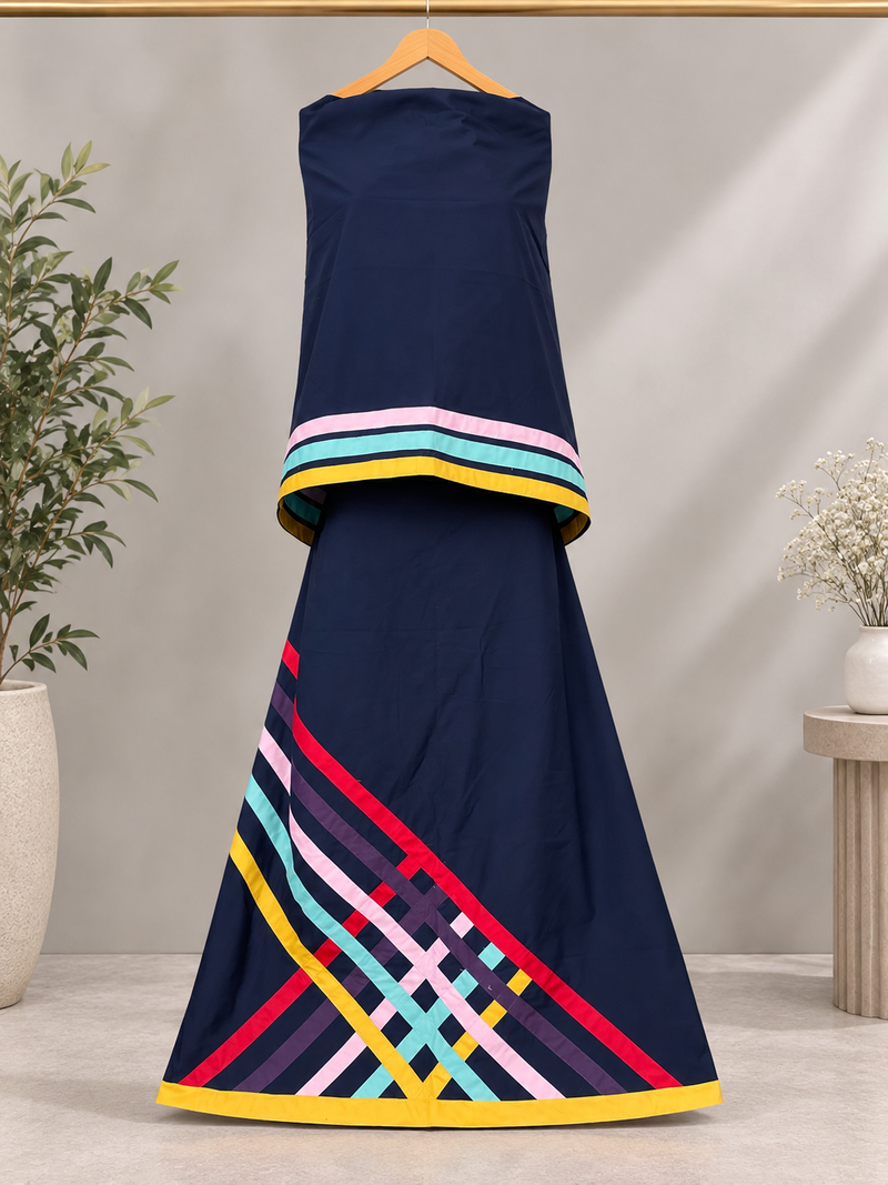 Navy Blue multi stripes geometrical Pattern Rida