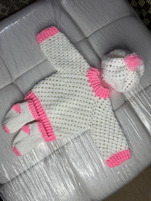 Pink and white crochet baby set
