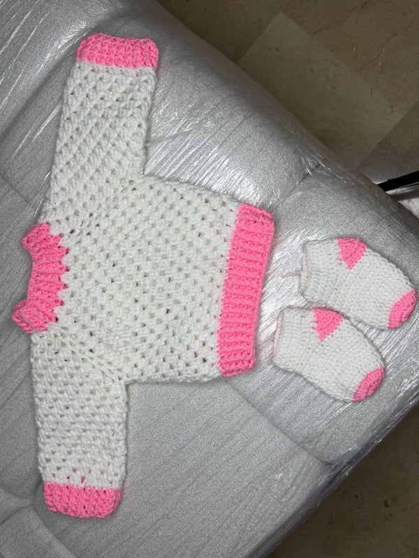 Pink and white crochet baby set