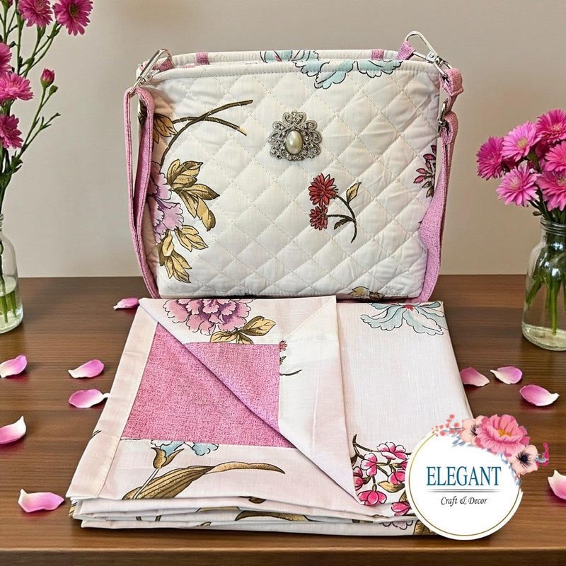 Floral print and raw silk bag paired with a non-quilted masalla