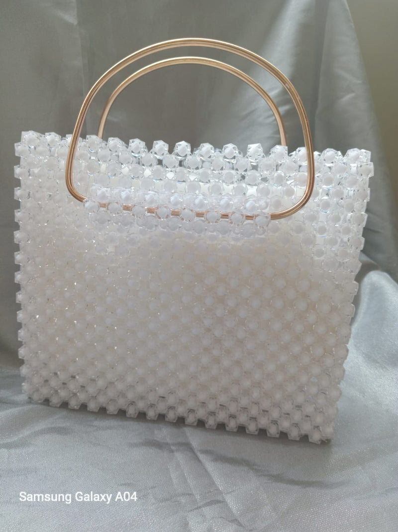 White Beaded Bag with golden handle and chain