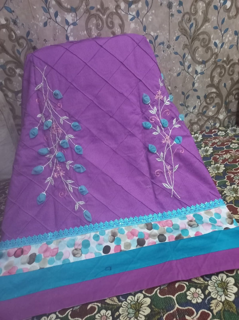 Purple Self-Textured Cotton Rida with Pintex & Ribbon Work