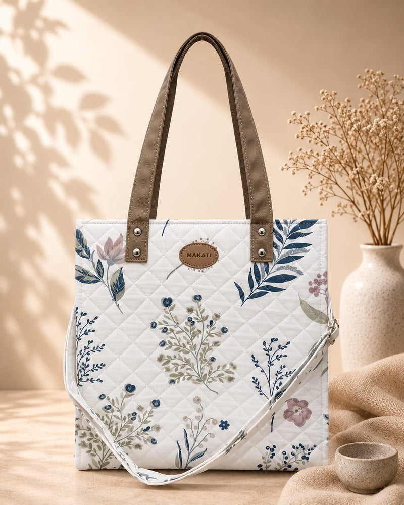 🌿 Quilted Botanical Print Tote Bag