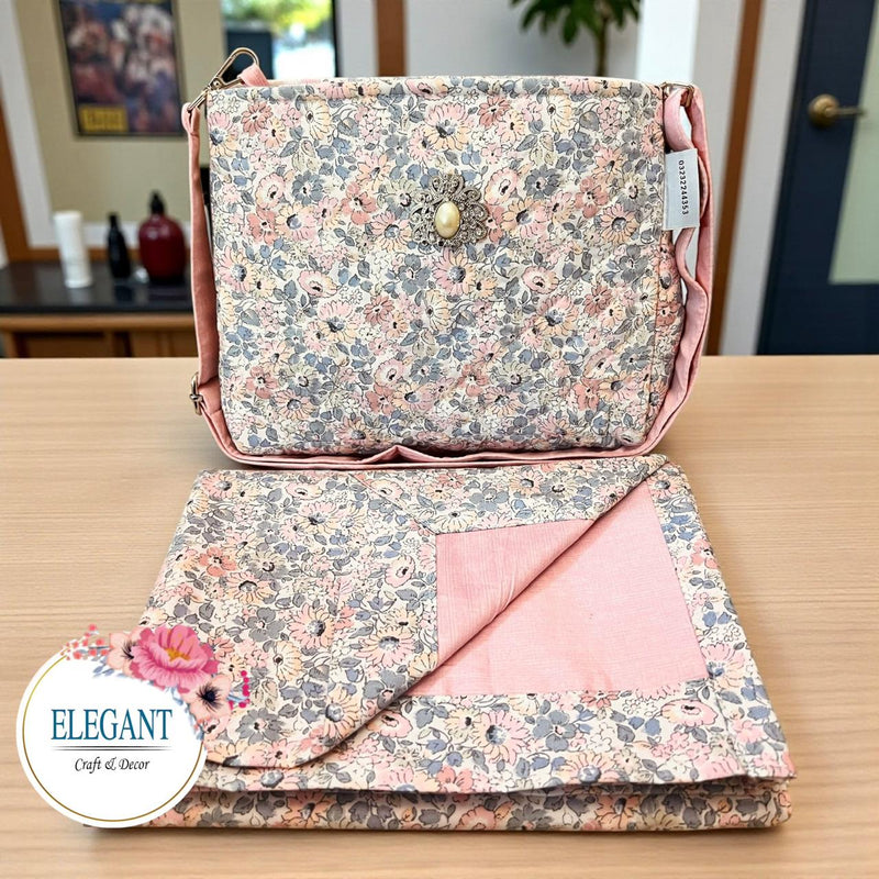 Floral print and raw silk bag paired with a non-quilted masalla