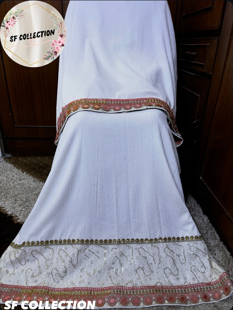 “Off White & Peach Crinkle Abaya Rida with Gold Detailing”