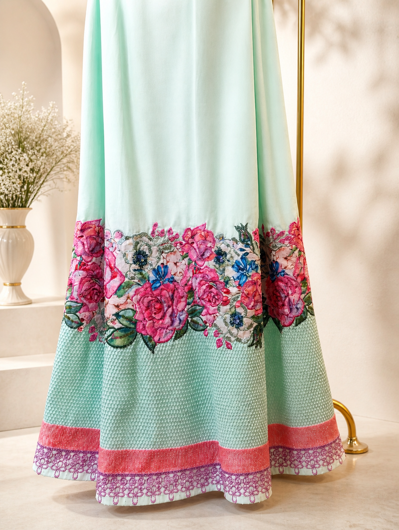 Mint Green applique border design with full hand sequence touching
