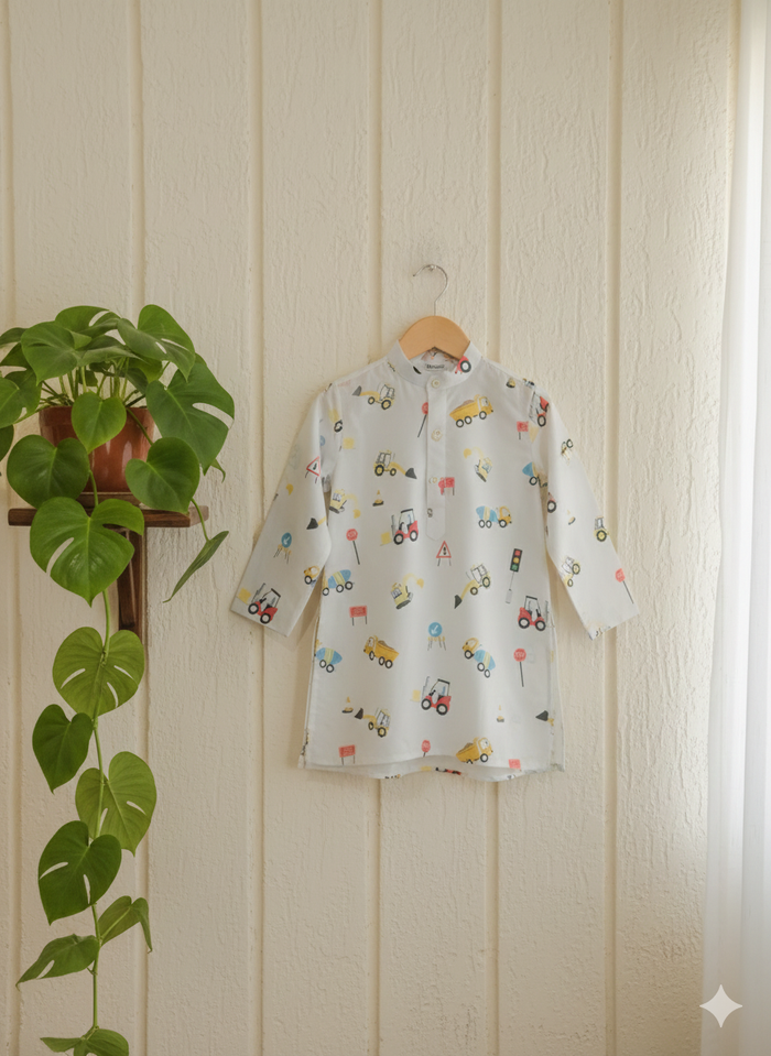 Light grey with colorful vehicles theme kurta size 20