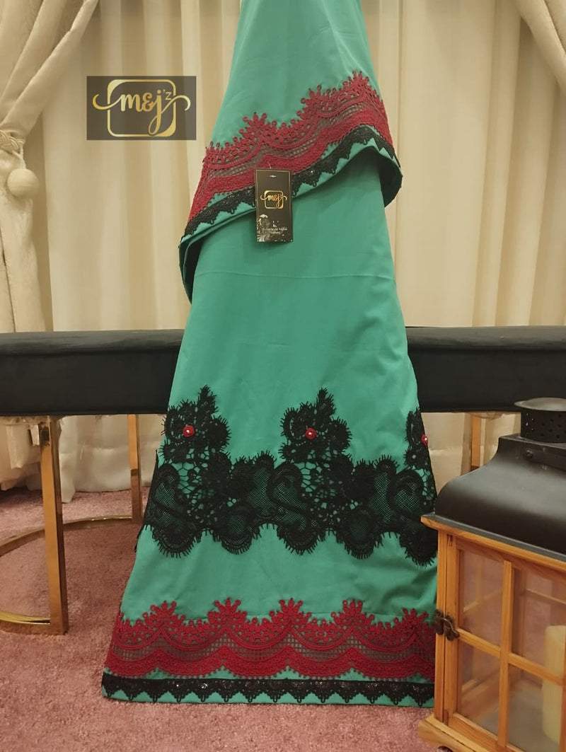 Sea green with black and red