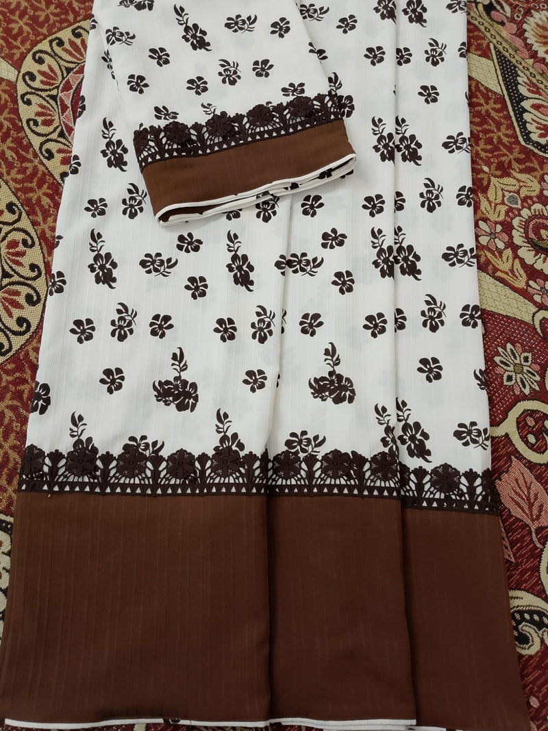White Printed with Brown Flower Abaya Lining Material