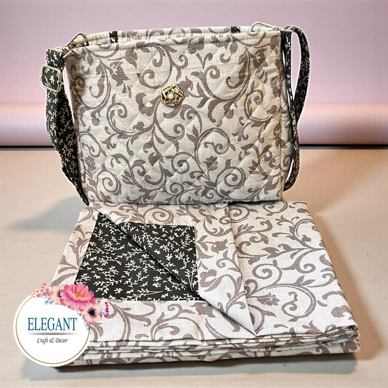 Floral print and raw silk bag paired with a non-quilted masalla
