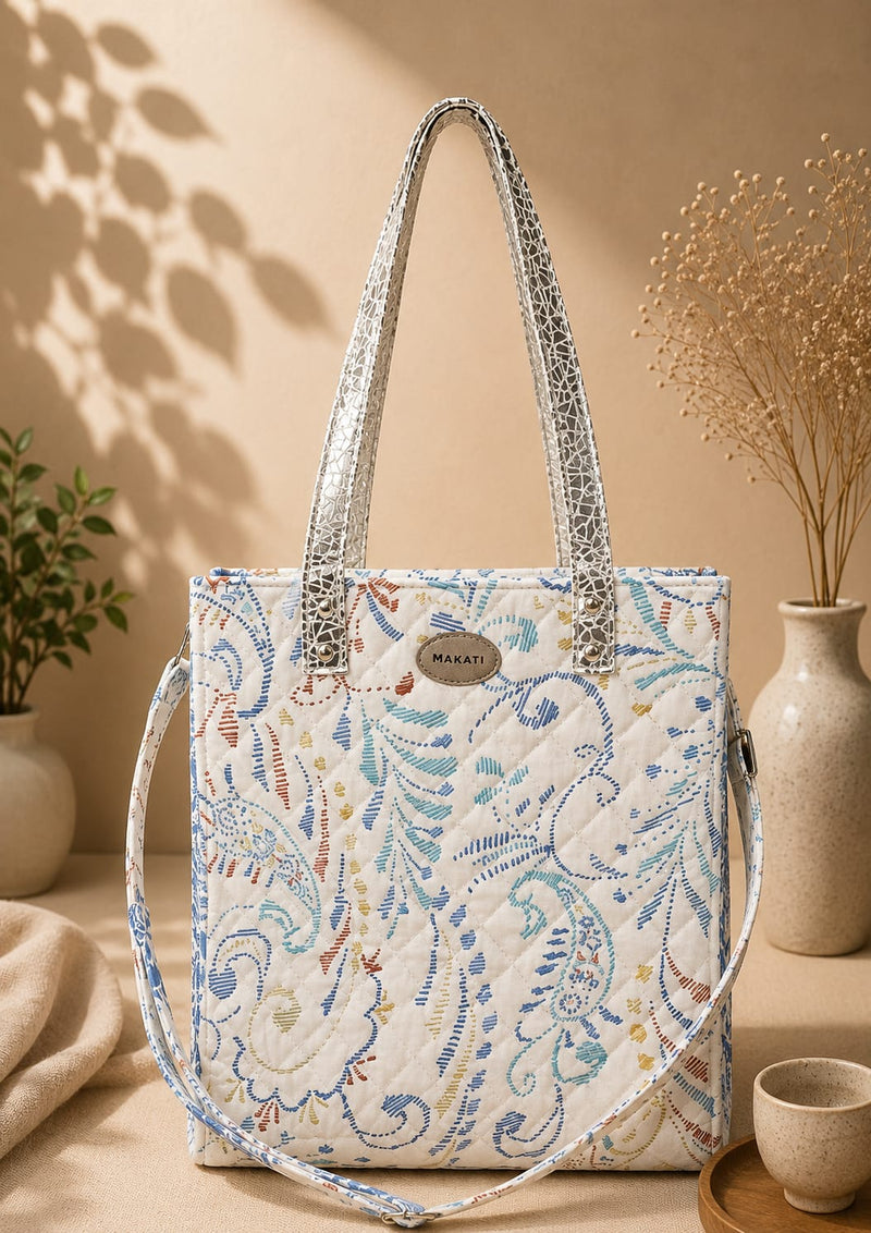 🌊 Azure Paisley Quilted Tote Bag with Premium Leather Handles