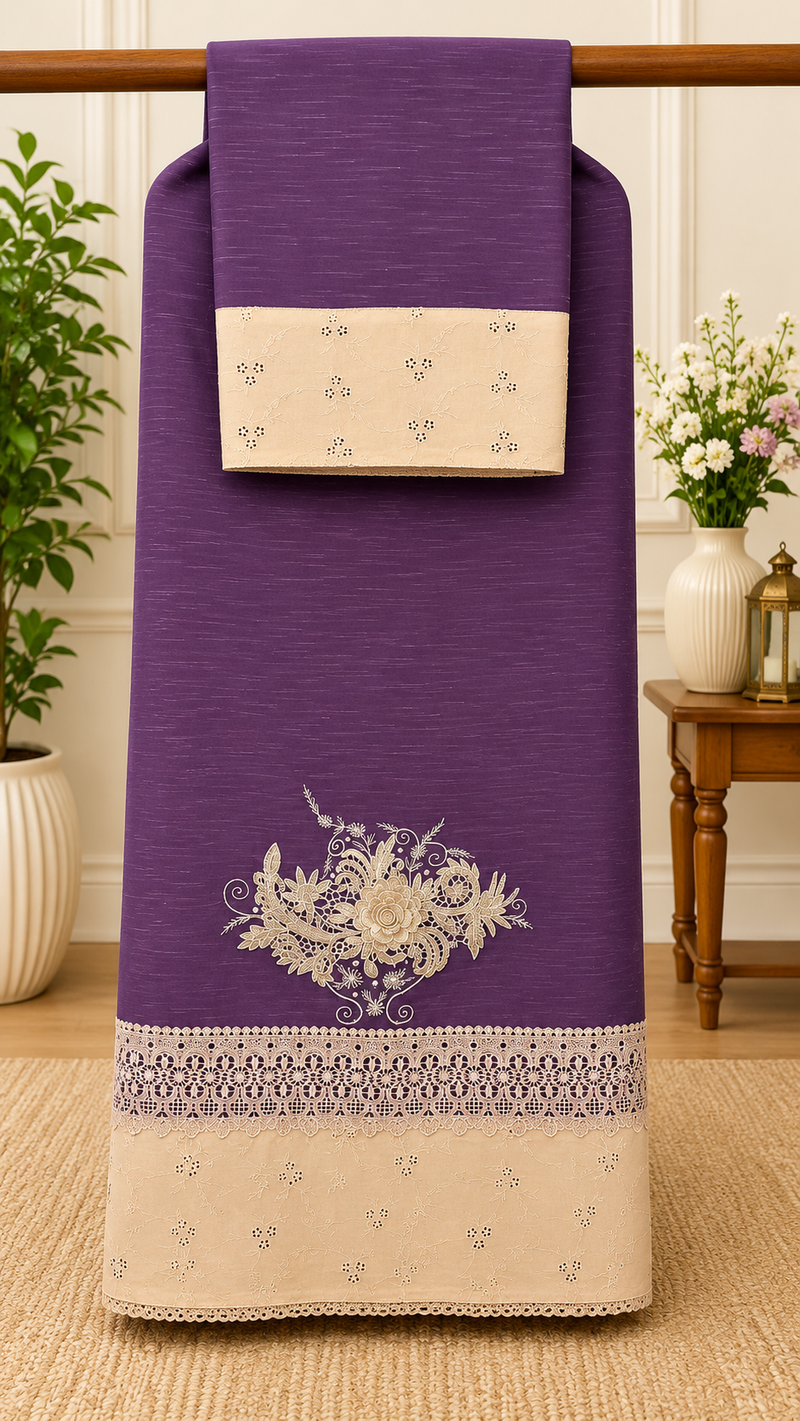 Purple Easy Iron Material & Golden Bunch With Machine Work