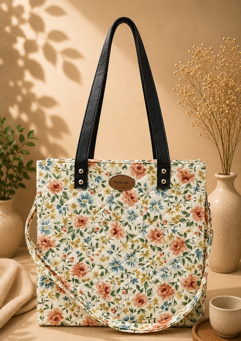 🌼Vintage Floral Quilted Ladies Tote Bag with Leather Handles